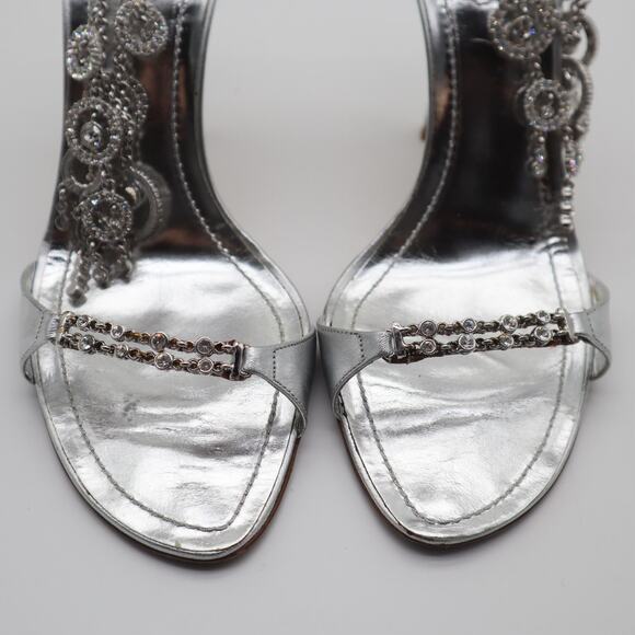 Rene Caovilla Silver Jeweled Ankle Strap Pumps Size 38.5 - Picture 7 of 11